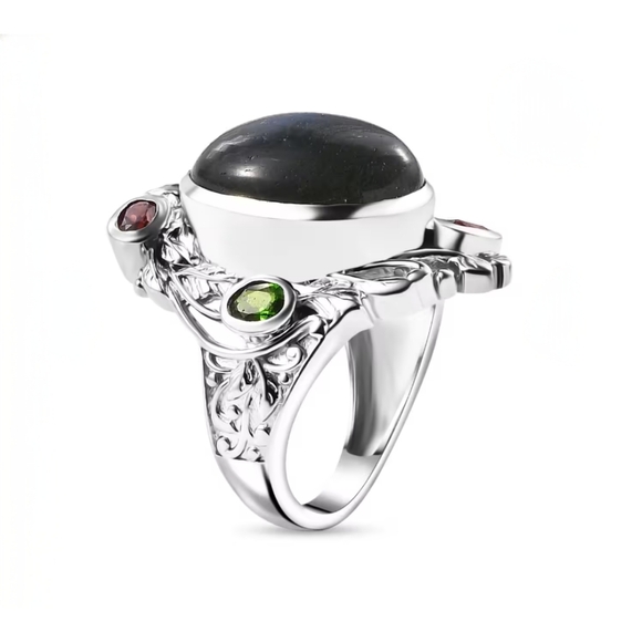 Malagasy Labradorite "Celestial Garden" multi gem ring, platinum bond, Sz.7 - Picture 4 of 7